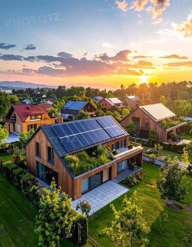 Aerial view showcases modern houses with solar panels and green roofs in a suburban setting, vibrant sunrise with blue sky, AI generated