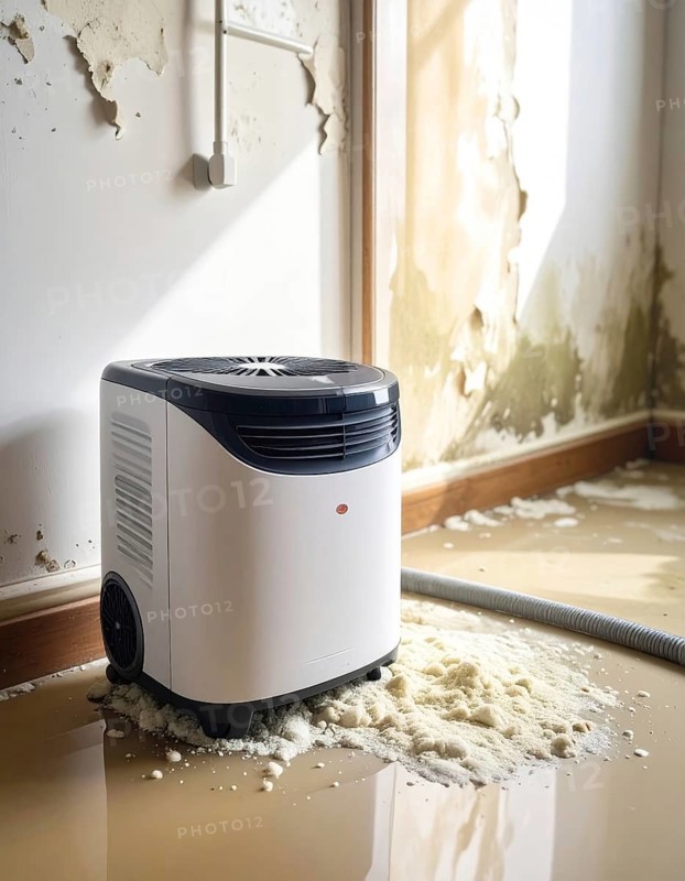 A specialized dehumidifier operates in a mold-infested room following water damage, Shell construction at construction site, AI generated