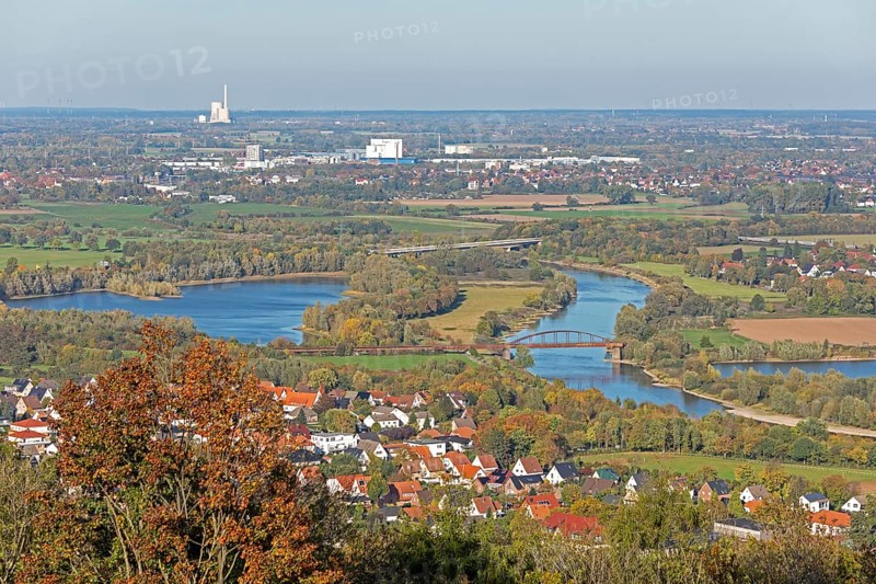 View of Weser and Porta Westfalica from the Kaiser Wilhelm Memorial, North Rhine-Westphalia, Germany