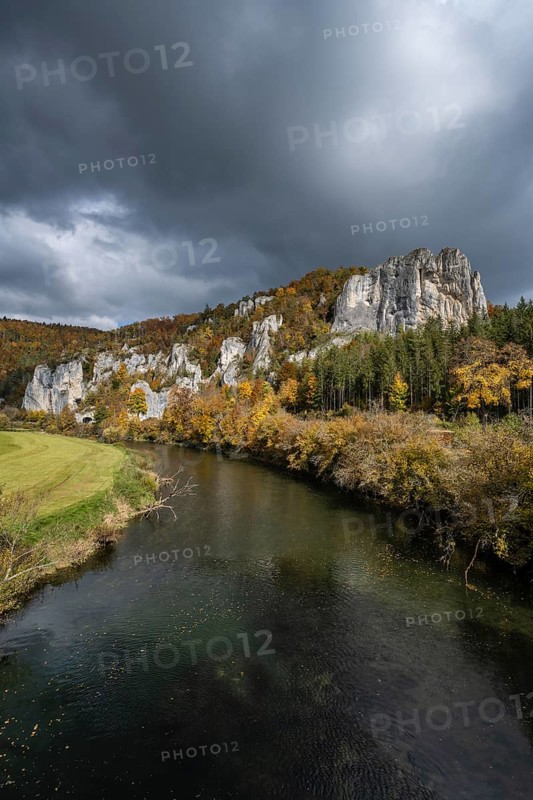 View of the Danube with the Raven Rock, Climbing Rocks, Jurassic Limestone Cliffs Upper Danube Valley, Surrounded by Autumn Vegetation, Sigmaringen District, Baden-Württemberg, Germany