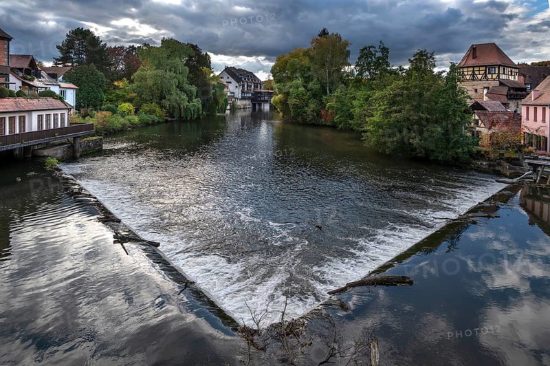 View of the Pegnitz with the river weir, on the right the historic Jewish Tower, Lauf an der Pegnitz, Middle Franconia, Bavaria, Germany