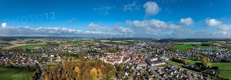 Aerial view, panorama of the city of Messkirch with Messkirch Castle and Castle of the Counts of Zimmern, Sigmaringen district, Baden-Württemberg, Germany