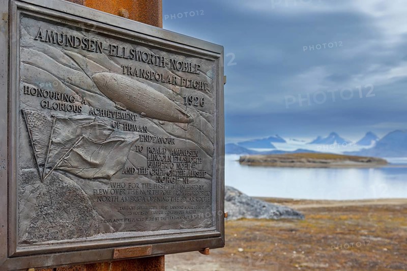 Commemoration plaque for Amundsen-Ellsworth 1926 Transpolar Flight at Ny-Alesund, Oscar II Land, Kongsfjorden, Svalbard, Spitsbergen, Norway