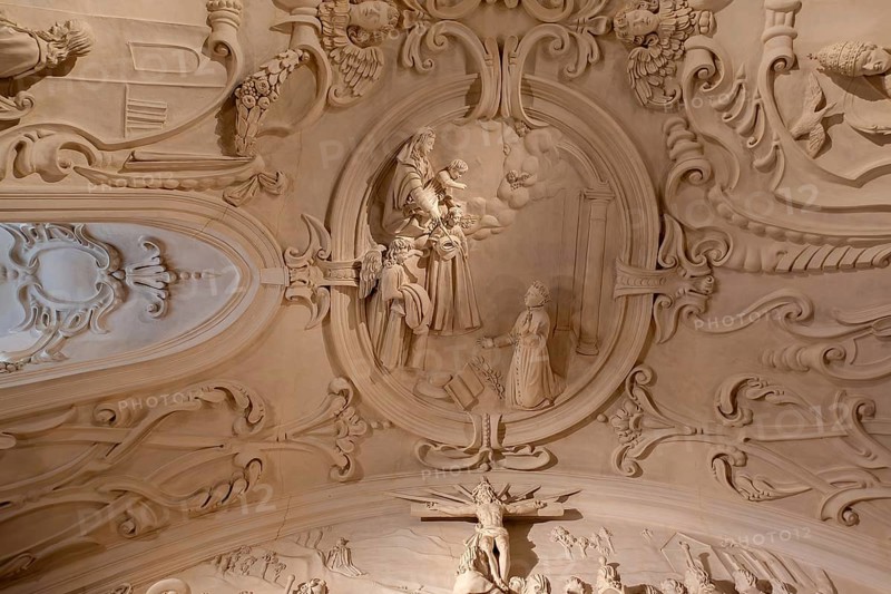 17th century stucco by Jan Hansche on library ceiling of the Park Abbey, Premonstratensian abbey at Heverlee near Leuven in Flemish Brabant, Belgium