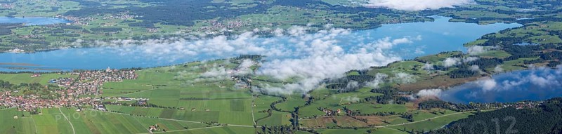 Panorama from Tegelberg, 1881m, on Schwangau, Waltenhofen, Hopfensee, Forggensee and Bannwaldsee, Ostallgäu, Bavaria, Germany