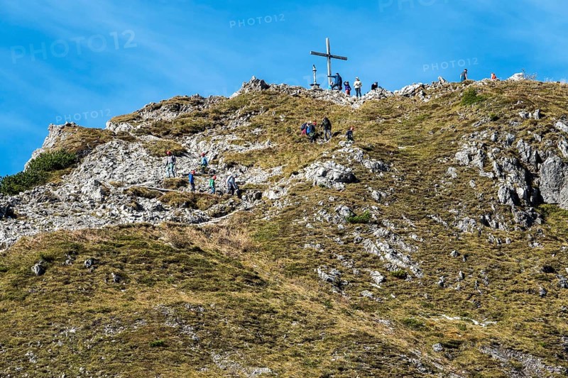 Summit of the Kanzelwand with summit cross and people, Allgäu Alps, Allgäu, Vorarlberg, Austria