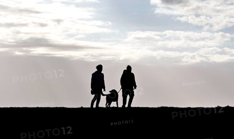 Couple with dog walking across a dike on the Baltic Sea, Fehmarn, 16.10.2025, Fehmarn, Schleswig-Holstein, Germany