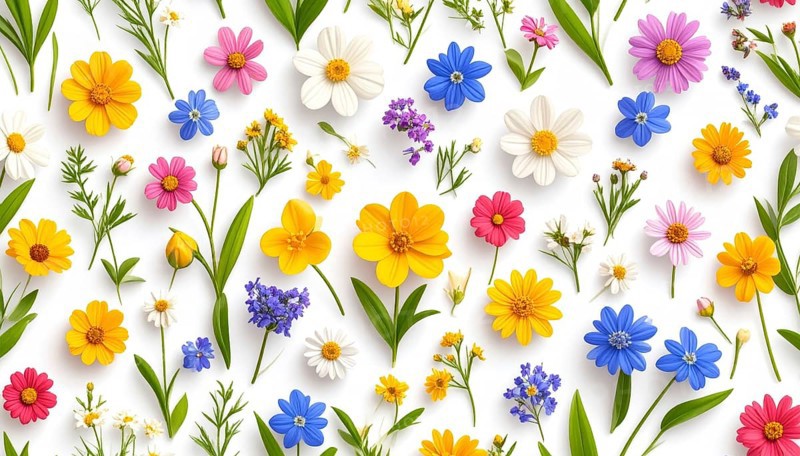Vibrant wildflowers and grass create a colorful and joyful floral pattern, Variety of wild flowers, spring plant and grass seamless pattern, vibrant realistic vector illustration wallpaper, a spring natural colorful background as template or poster, AI generated