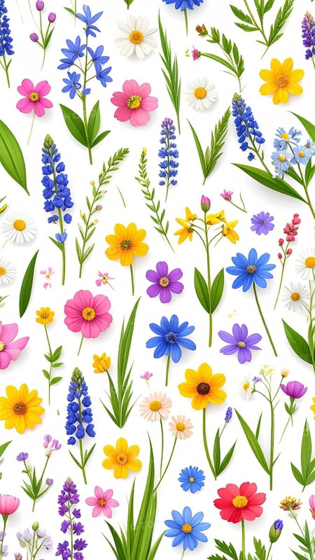 Vibrant wildflowers and grass create a colorful and joyful floral pattern, Variety of wild flowers, spring plant and grass seamless pattern, vibrant realistic vector illustration wallpaper, a spring natural colorful background as template or poster, AI generated