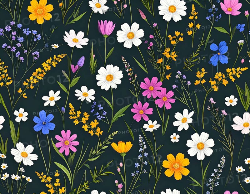 Vibrant wildflowers and grass create a colorful and joyful floral pattern, Variety of wild flowers, spring plant and grass seamless pattern, vibrant realistic vector illustration wallpaper, a spring natural colorful background as template or poster, AI generated
