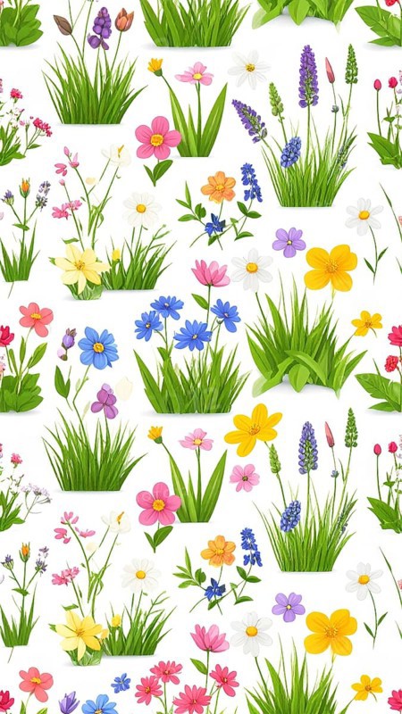 Vibrant wildflowers and grass create a colorful and joyful floral pattern, Variety of wild flowers, spring plant and grass seamless pattern, vibrant realistic vector illustration wallpaper, a spring natural colorful background as template or poster, AI generated