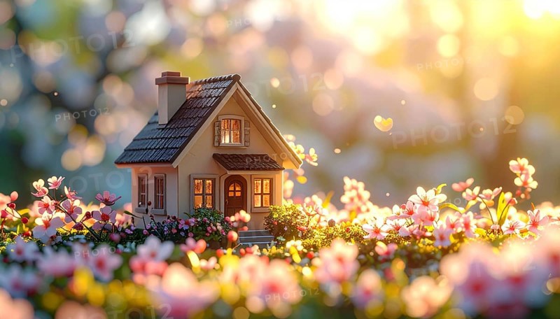 A miniature house surrounded by blooming cherry blossoms and warm sunlight, creating a peaceful and idyllic spring atmosphere, toy house on blossom cherry flowers, spring natural background. concept of mortgage, construction, rental, family and property, AI generated