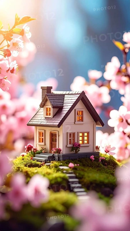 A miniature house surrounded by blooming cherry blossoms and warm sunlight, creating a peaceful and idyllic spring atmosphere, toy house on blossom cherry flowers, spring natural background. concept of mortgage, construction, rental, family and property, AI generated