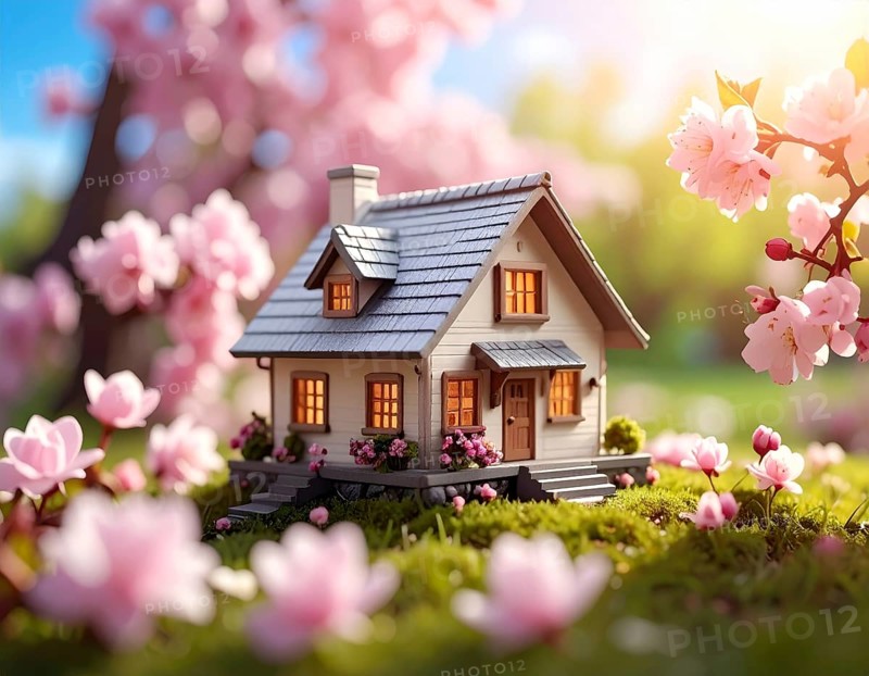 A miniature house surrounded by blooming cherry blossoms and warm sunlight, creating a peaceful and idyllic spring atmosphere, toy house on blossom cherry flowers, spring natural background. concept of mortgage, construction, rental, family and property, AI generated