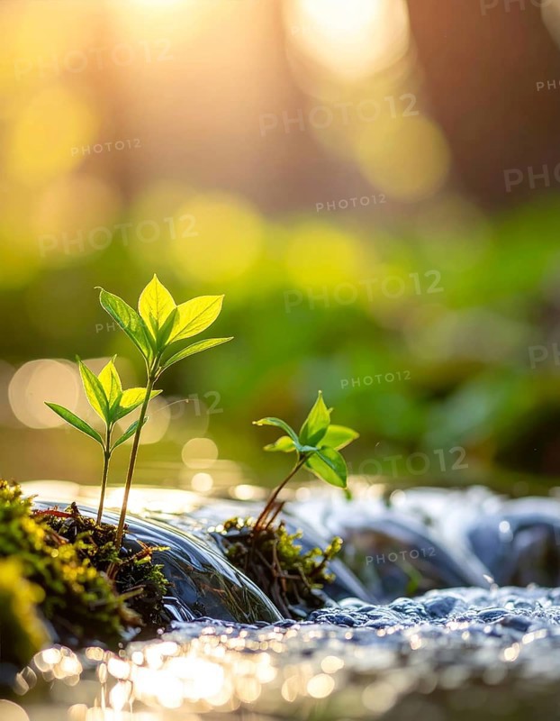 Beautiful spring detailed stream of fresh water, vibrant blooming young green plants, wallpaper banner for springtime and summer nature concept, AI generated