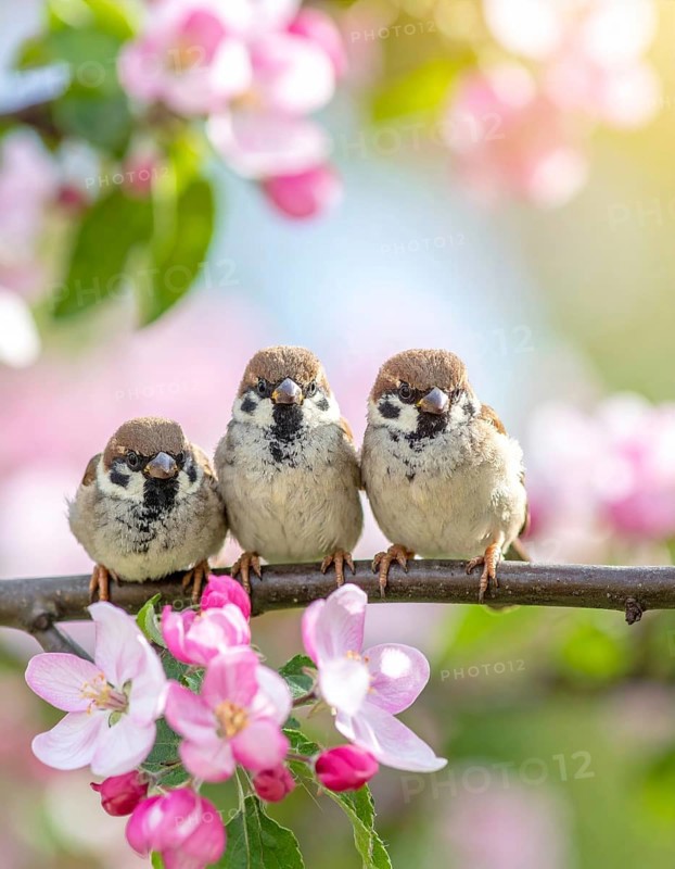 Small funny Sparrow Chicks sit in the garden surrounded by pink Apple blossoms on a Sunny may day, AI generated