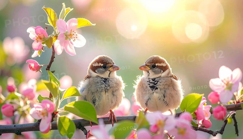 Small funny Sparrow Chicks sit in the garden surrounded by pink Apple blossoms on a Sunny may day, AI generated