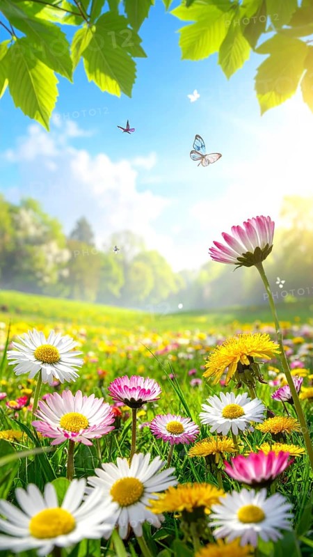 A sunny meadow with daisies in full bloom under bright sunlight, creating a vibrant and cheerful atmosphere, Blooming meadow with lots of white and pink spring daisy flowers and yellow dandelions, sunny day with blue clear sky, beautiful landscape in blurred background, fresh spring and summer nature concept, AI generated