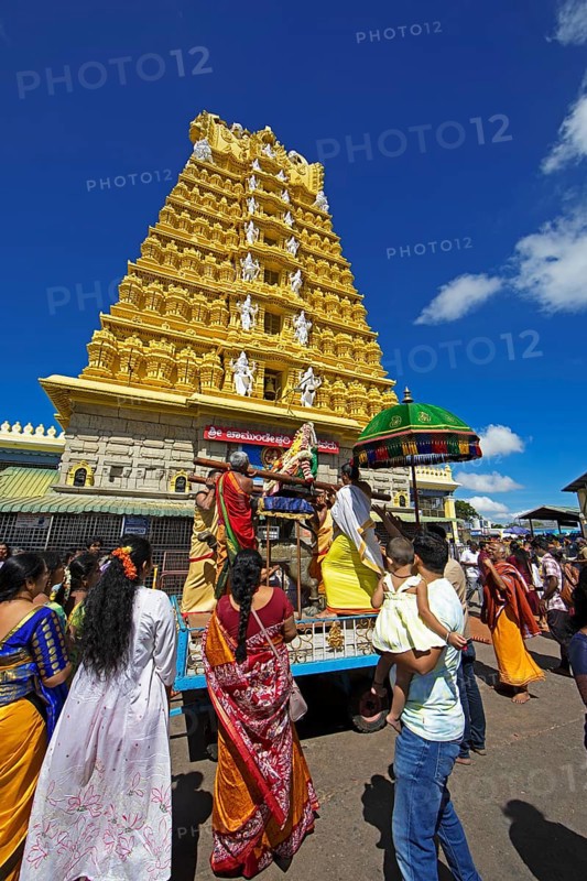 Puja at Chamundeswar Hindu Temple on Chamundi Hill, Indian pilgrims at the temple, Mysore or Mysore, Karnataka, India