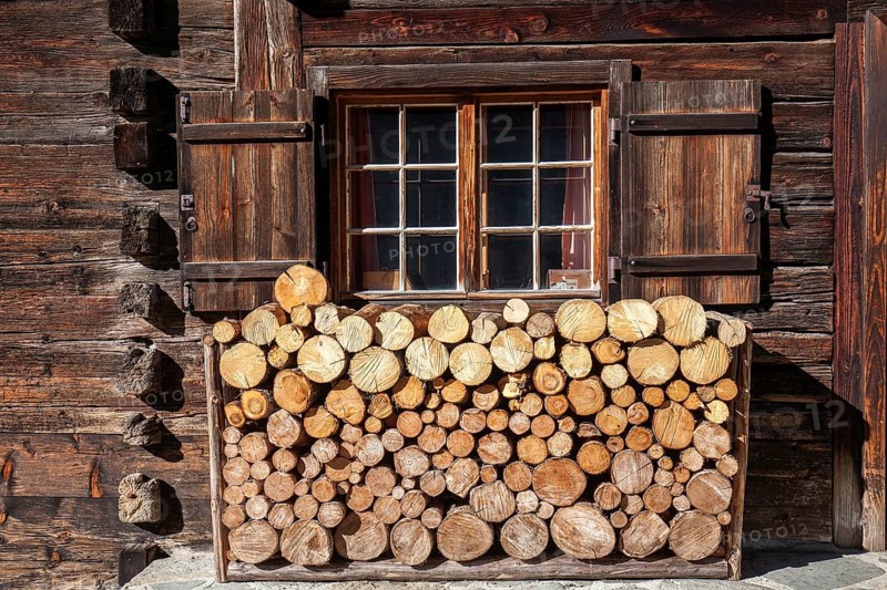 Sawn firewood in front of an old wooden house, Oberallgäu, Allgäu, Bavaria, Germany