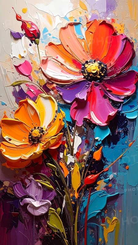 Closeup of abstract rough colorful multicolored organic floral spring flowers art painting texture, with oil acrylic brushstroke, pallet knife paint on canvas wallpaper, AI generated