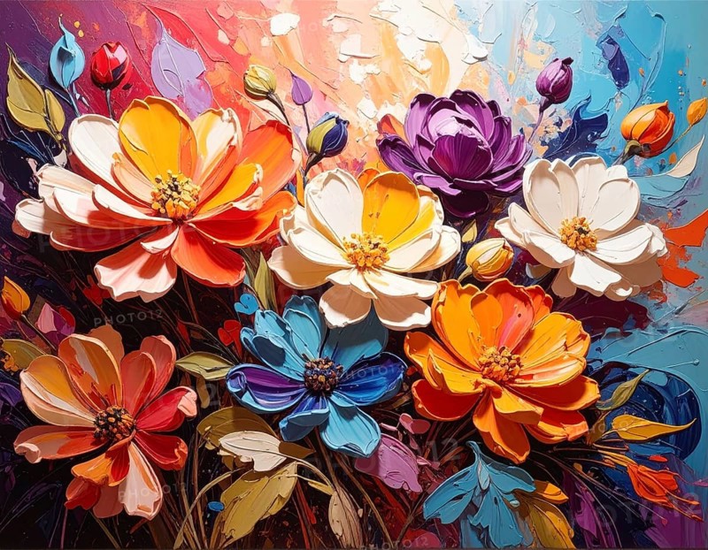 Closeup of abstract rough colorful multicolored organic floral spring flowers art painting texture, with oil acrylic brushstroke, pallet knife paint on canvas wallpaper, AI generated