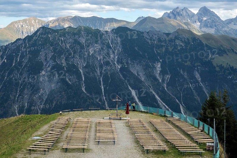 Seating and cruez for mountain service at Schlappoldsee station of the Fellhorn cable car, in the back mountains of the Allgäu Alps, Oberstdorf, Oberallgäu, Bavaria, Germany
