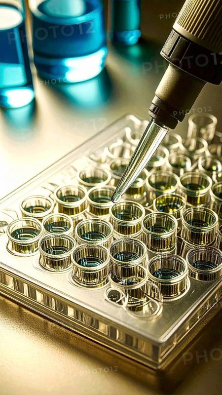 Pipette approaches a golden multiwell plate amid warm lab glow, Pipette dispensing a liquid onto a multi-well plate in a clean laboratory, close up of medical equipment with blurred laboratory background, science, technology and health concept, AI generated