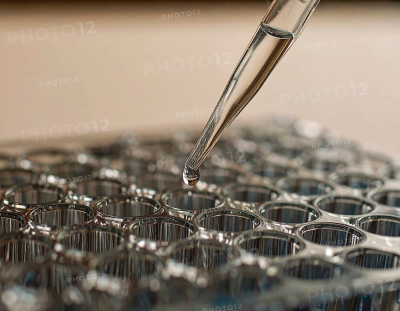 A single droplet hovers at a pipette tip above a microplate bathed in warm, soft light, Pipette dispensing a liquid onto a multi-well plate in a clean laboratory, close up of medical equipment with blurred laboratory background, science, technology and health concept, AI generated