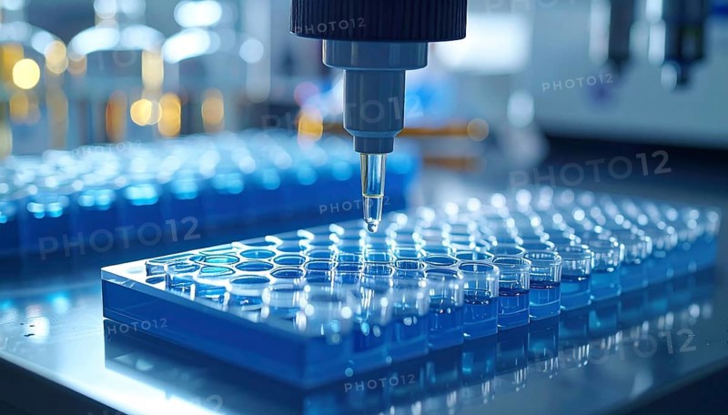 Automated pipette aligns over a blue microplate, a droplet forming in a high-throughput lab setup, Pipette dispensing a liquid onto a multi-well plate in a clean laboratory, close up of medical equipment with blurred laboratory background, science, technology and health concept, AI generated