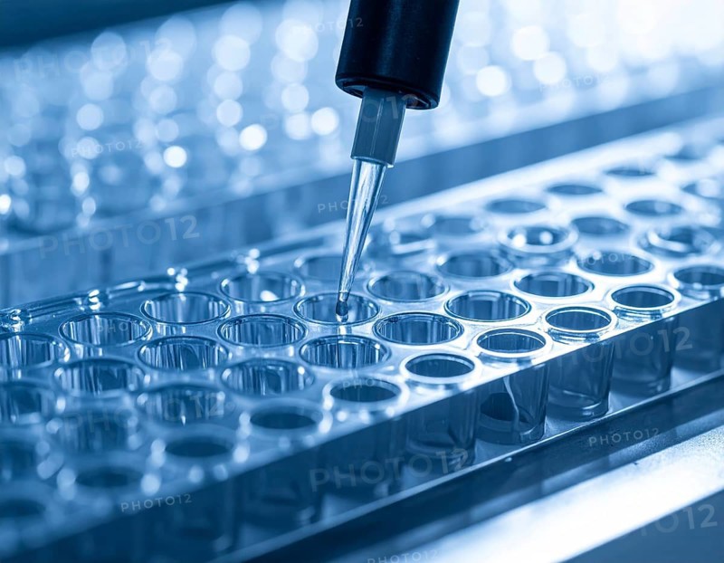 Blue-toned lab scene with a pipette poised above a microplate in crisp, cool light, Pipette dispensing a liquid onto a multi-well plate in a clean laboratory, close up of medical equipment with blurred laboratory background, science, technology and health concept, AI generated