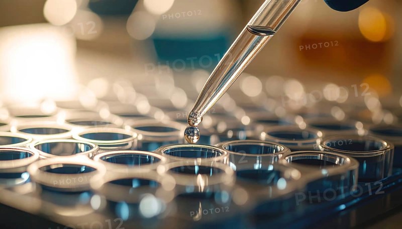 A droplet descends from a pipette toward reflective wells under mixed warm and cool light, Pipette dispensing a liquid onto a multi-well plate in a clean laboratory, close up of medical equipment with blurred laboratory background, science, technology and health concept, AI generated