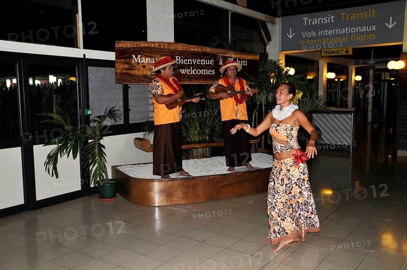 Musical reception, greeting, dancers at Faaa airport in Tahiti, Papete, French Polynesia