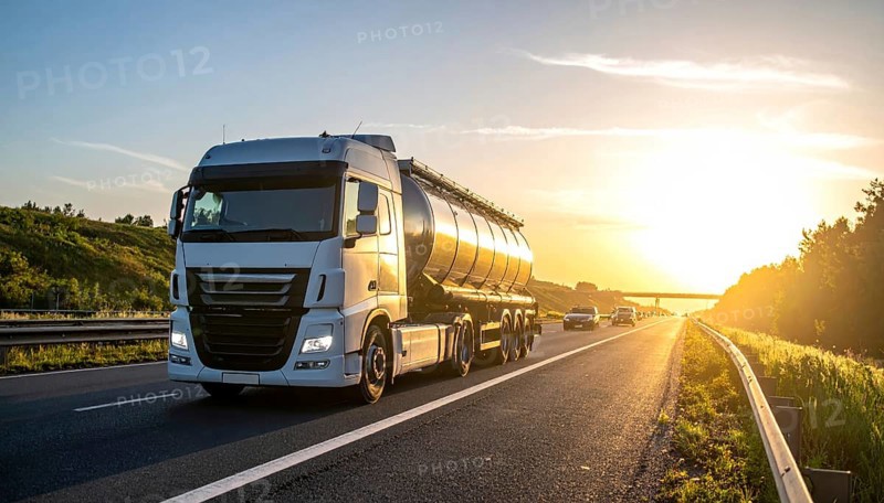 Petrol cargo truck lorry tanker driving on highway hauling oil products at sunrise, wide hilly landscape, AI generated