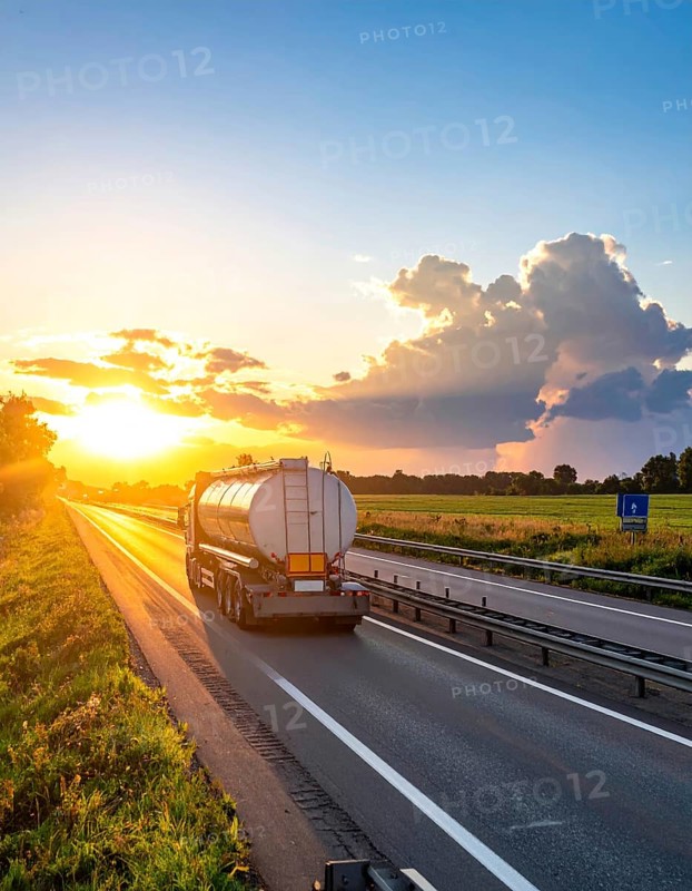 Petrol cargo truck lorry tanker driving on highway hauling oil products at sunrise, wide hilly landscape, AI generated