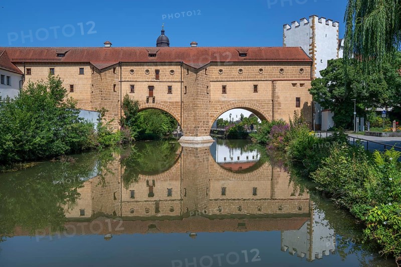 The so-called city glasses, late medieval water gate building over the Vils, Amberg, Upper Palatinate, Bavaria, Germany