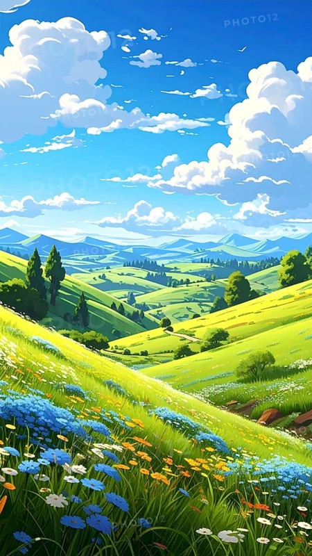 Fresh summer hilly Landscape with blooming Meadow, green plants, Blue Sky with cloudy sky, serene nature background, abstract vector illustration, AI generated