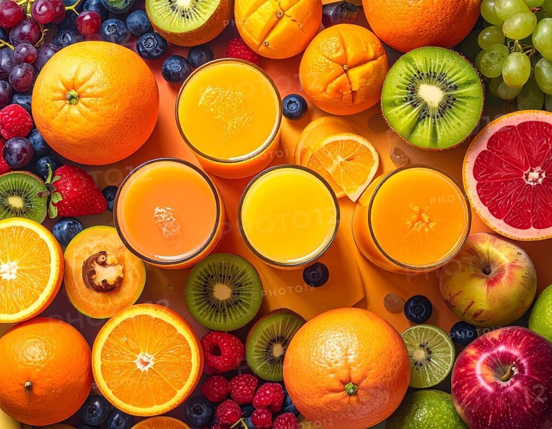 Fresh fruit juices in glasses, surrounded by colorful fruits, showcasing healthy drinking and eating, fitness and wellness lifestyle, AI generated