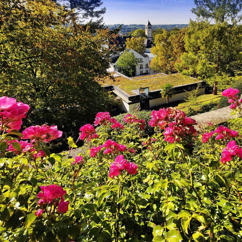 Konrad Adenauer House, view from the garden of St. Mary's Church, Stiftung Bundeskanzler-Adenauer-Haus, Rhöndorf, Bad Honnef, North Rhine-Westphalia, Germany
