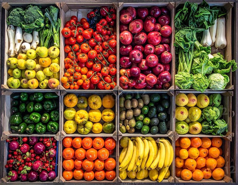 Fresh fruits and vegetables in a market display, aerial view perpendicular top down, healthy eating and lifestyle, AI generated