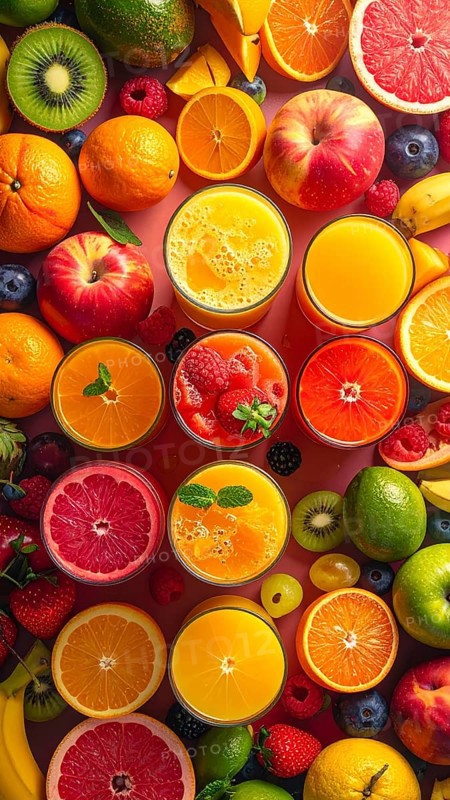 Fresh fruit juices in glasses, surrounded by colorful fruits, showcasing healthy drinking and eating, fitness and wellness lifestyle, AI generated