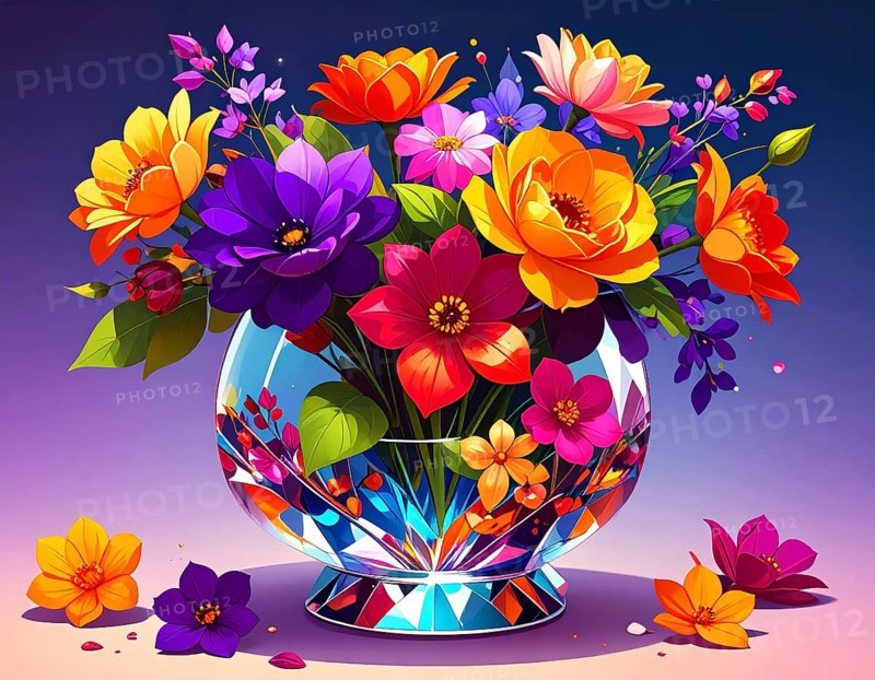 Crystal glass vase with vibrant blooming flowers, vibrant vector drawing illustration for fresh spring background, AI generated