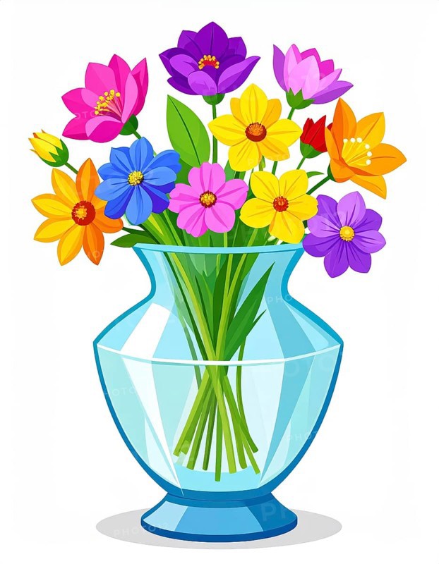 Crystal glass vase with vibrant blooming flowers, vibrant vector drawing illustration for fresh spring background, AI generated