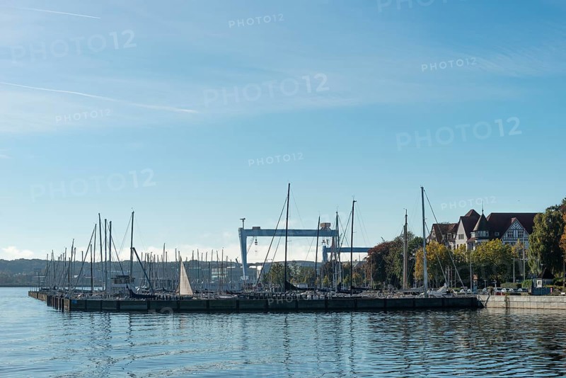 State capital Kiel, marina, shipyards, German Naval Yards, cranes, dry dock, Institute for World Economy, Kiel Fjord, Baltic Sea, Schleswig-Holstein, Germany