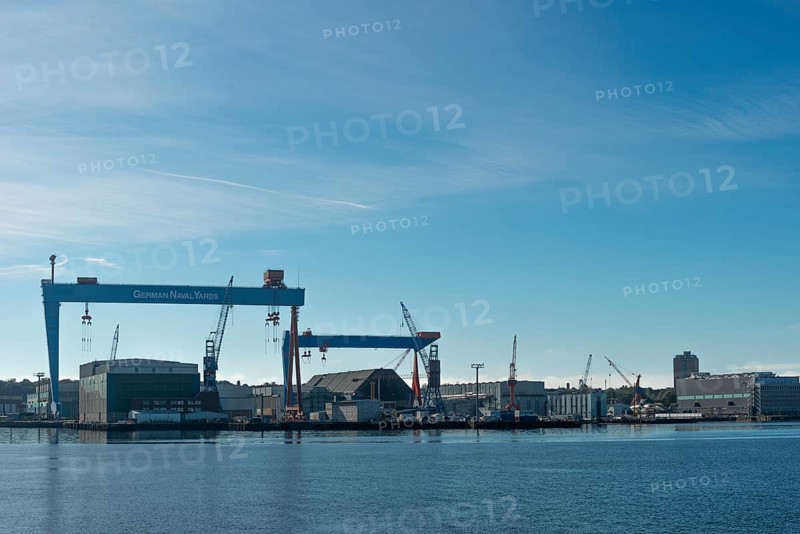 Port of Kiel, shipyards, TKMS, ThyssenKrupp Marine Systems GmbH, German Naval Yards, warehouses, dry dock, cranes, industry, Kiel Fjord, marine, technology, submarine under construction, Baltic Sea, Schleswig-Holstein, Germany