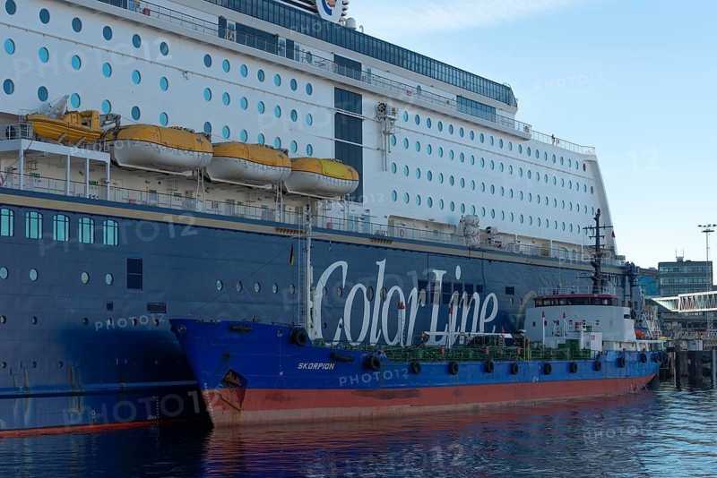 Kiel port, Kiel-Oslo ferry line, Color Line ferry and crusader being refueled, tanker for oil products Scorpion, side view, detail, lifeboats, portholes, cabin windows, Baltic Sea, Kiel Fjord, Schleswig-Holstein, Germany