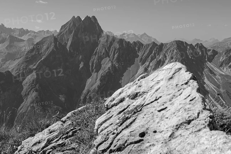Mountain panorama from Laufbacher-Eckweg to Höfats, 2259m, Allgäu Alps, Allgäu, Bavaria, Germany