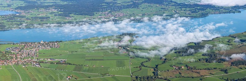 Panorama from Tegelberg, 1881m, on Schwangau, Waltenhofen, Hopfensee and Forggensee, Ostallgäu, Bavaria, Germany