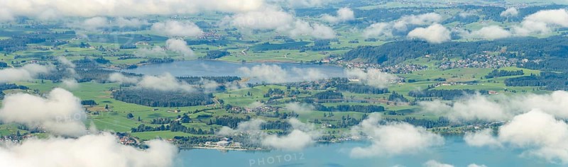Panorama from Tegelberg, 1881m, of Hopfensee, in front of Lake Forggensee, Ostallgäu, Bavaria, Germany
