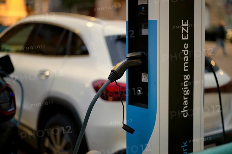 Parking lot with gas pump, EZE Network charging station, SICHARGE model for electric cars, charging station, e-mobility, e-car, pictogram, logo, Stuttgart, Baden-Württemberg, Germany